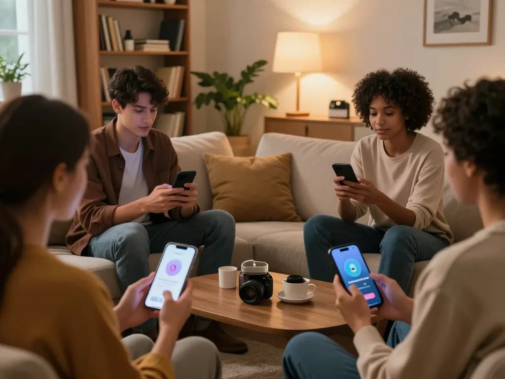 Engaging conversations about sex ai between diverse individuals and AI chatbots in a cozy living room.