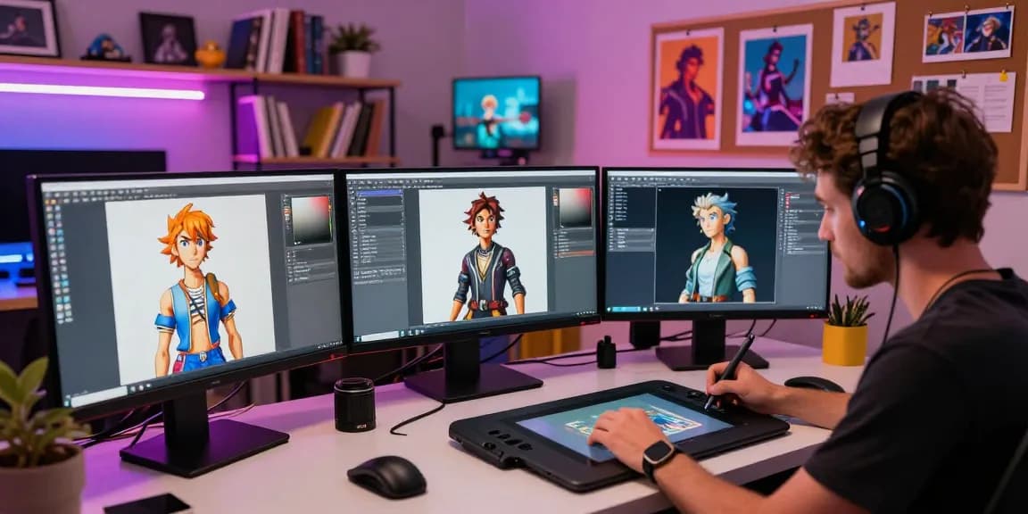 Innovative artist designing NSFW AI characters in vibrant digital art studio.