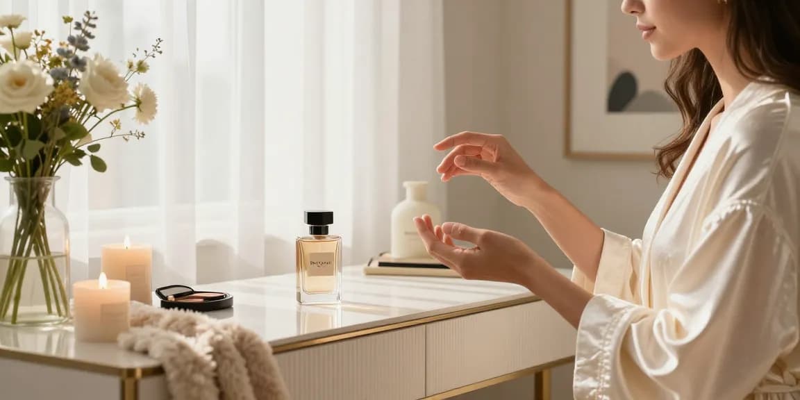 Experience the charm of Razamani Si perfume application in a chic bedroom setting.
