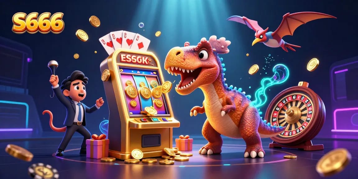 S666 attracts players with a dynamic casino scene featuring dinosaurs and jackpot excitement.