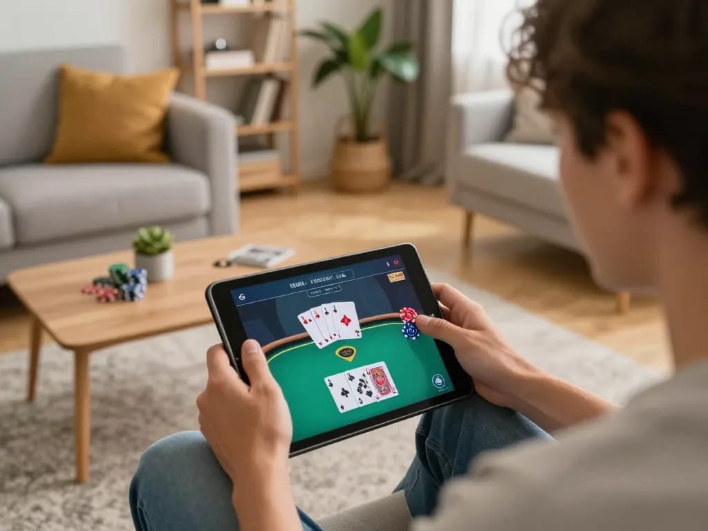 Player engaging in an exciting poker game on open88ss tablet in a cozy home environment.