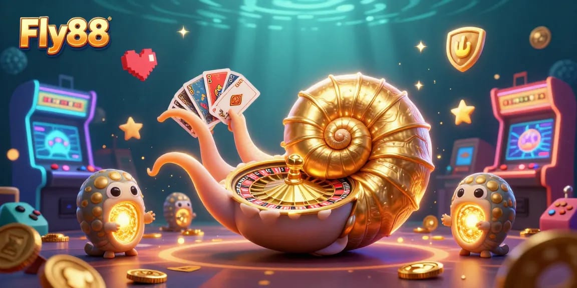 Experience the thrill of gaming with Fly88's dazzling underwater casino scene featuring a giant nautilus and glowing ammonite companions.