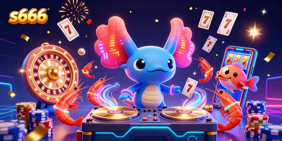 S666 captures the excitement of online gaming with slot reels, colorful chips, and engaging characters.