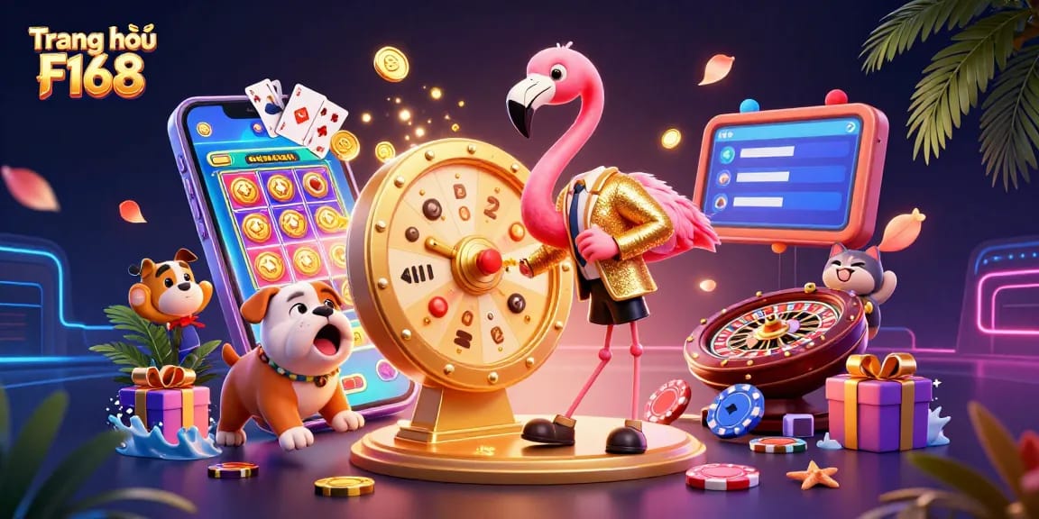 Experience thrilling fun at Trang chủ F168 with lively cartoon characters and dynamic gaming elements illustrating an exciting casino atmosphere.
