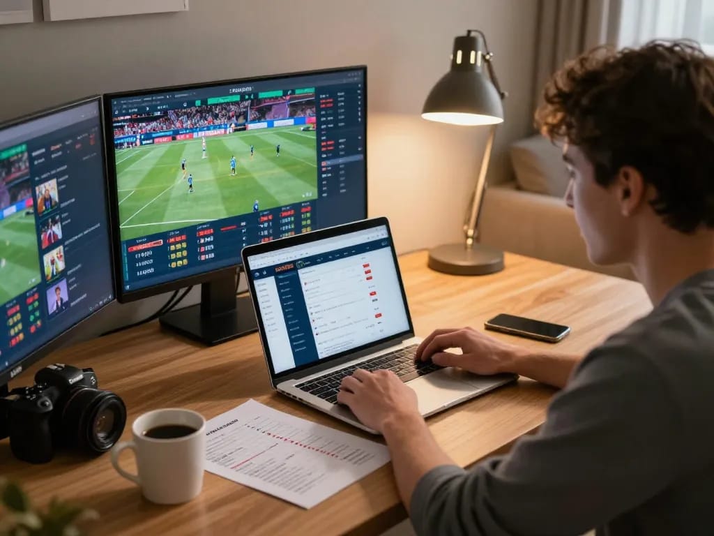 Player enjoying BONG88 sports betting from a stylish home setup, showcasing betting interface and strategy notes.