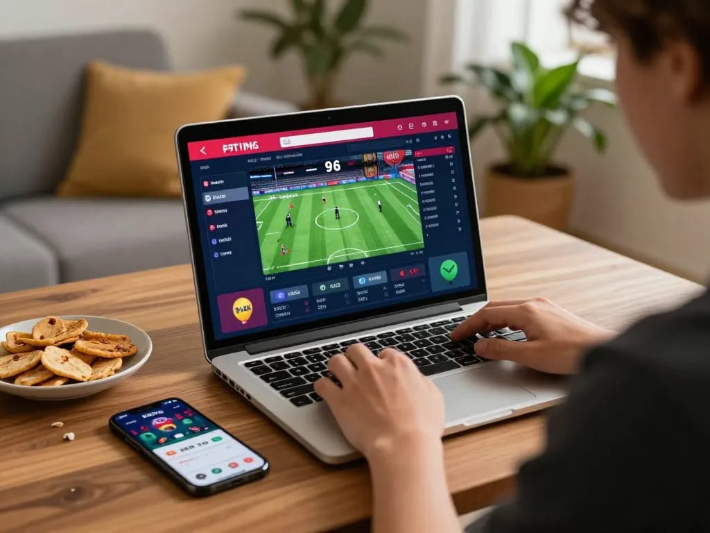 Person using 99OK app for sports betting in a cozy home setup, reflecting strategic online gaming.