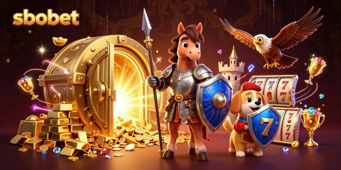 Sbobet provides thrilling sports betting options amidst a vibrant gaming atmosphere, featuring a knight, squire, and falcon.