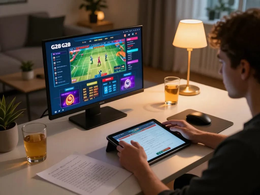 Engaged player enjoying G28 online casino games on tablet in a cozy home setting