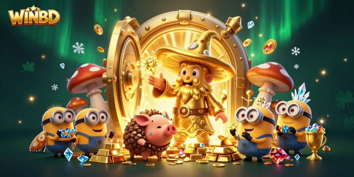 Experience WINBD's thrilling gaming adventure with a magical mushroom wizard amidst treasures and gems.