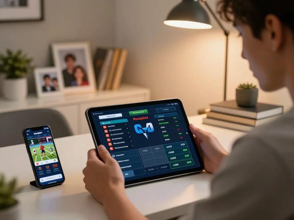 Engaged player using bk8 platform on a tablet for live sports betting analysis and strategy.