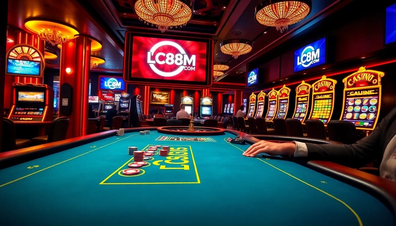 Gamblers enjoying strategic gameplay at a vibrant casino table, showcasing LC88M COM.