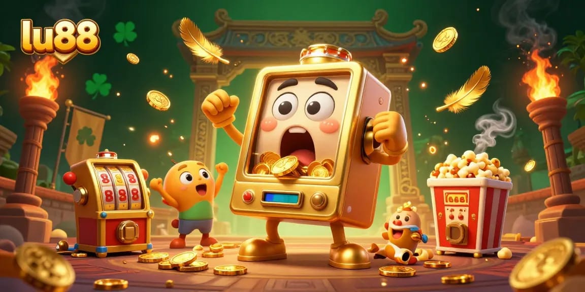 lu88 slot machine celebrates jackpot with gold coins bursting, featuring cheerful baby machines.