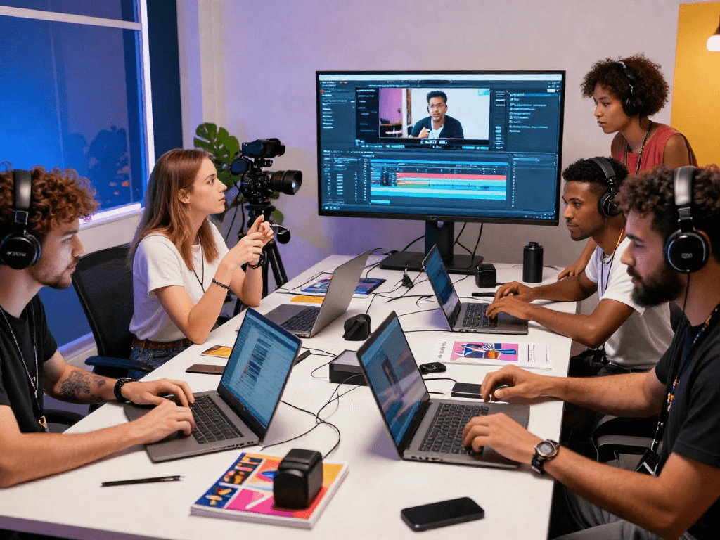 NSFW creative team collaborating in a modern content studio