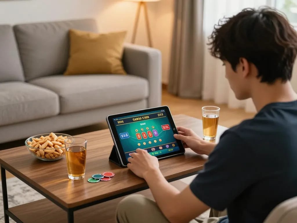Player immersed in a Game tài xỉu session on tablet in cozy living room, showcasing casual gambling.