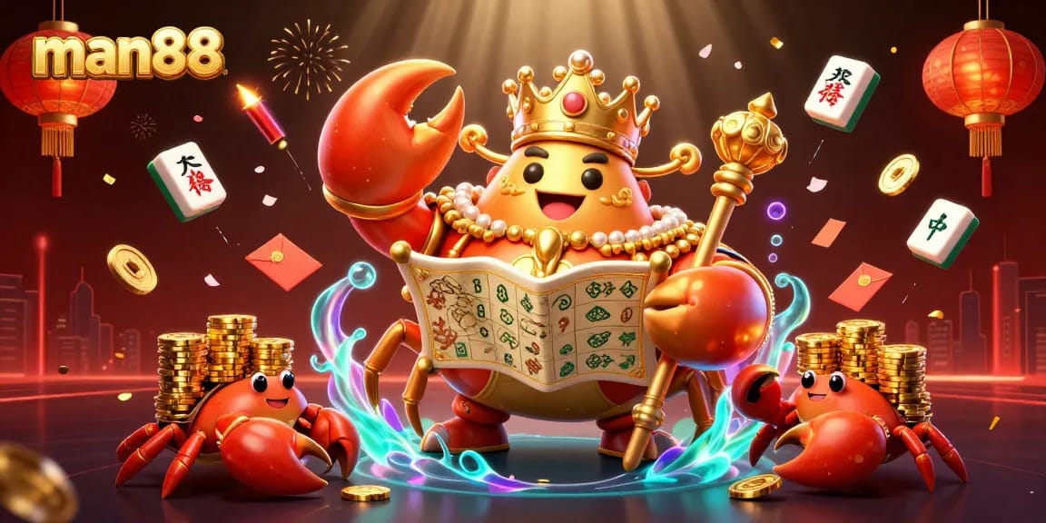 man88's thrilling gaming scene with a golden crab emperor among vibrant casino elements.