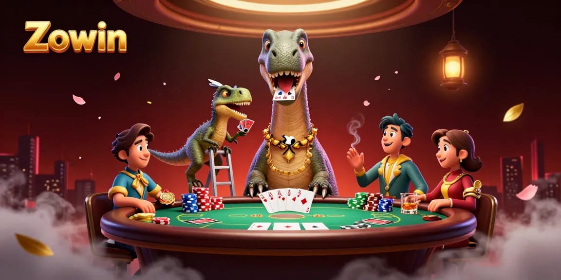 Zowin's thrilling casino adventure with a giant brontosaurus and clever raptor amidst vibrant poker chaos.