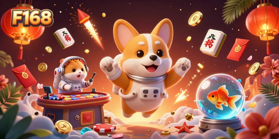 Experience thrilling gameplay at F168, featuring a lively casino environment with a dynamic dog, coins, and festive elements.