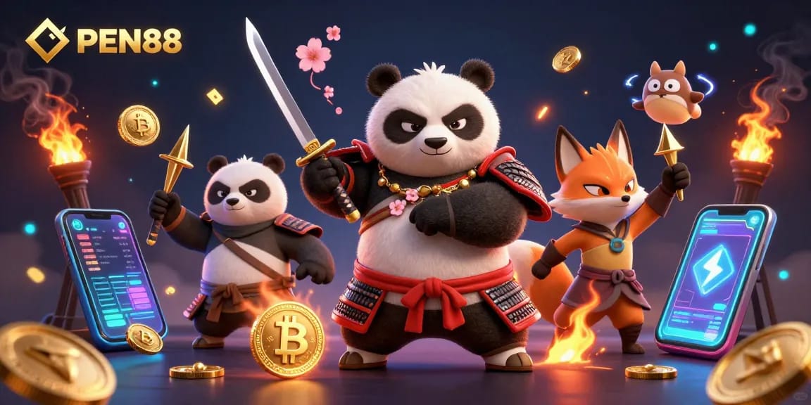 Engage with OPEN88's vibrant 3D casino world featuring samurai panda and ninja fox.