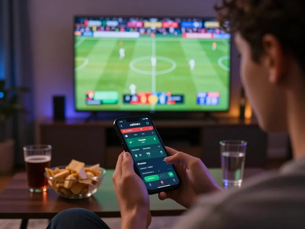 Person using the cakhiatv app to place bets during a live football match.