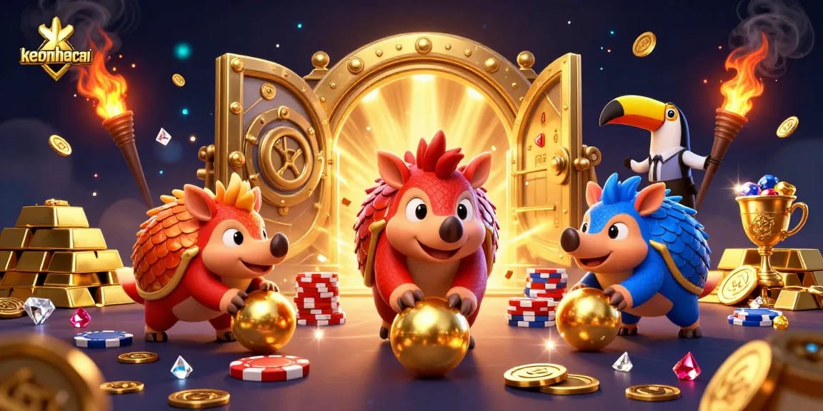Engage in vibrant keonhacai gaming with animated pangolins surrounded by casino riches and excitement.