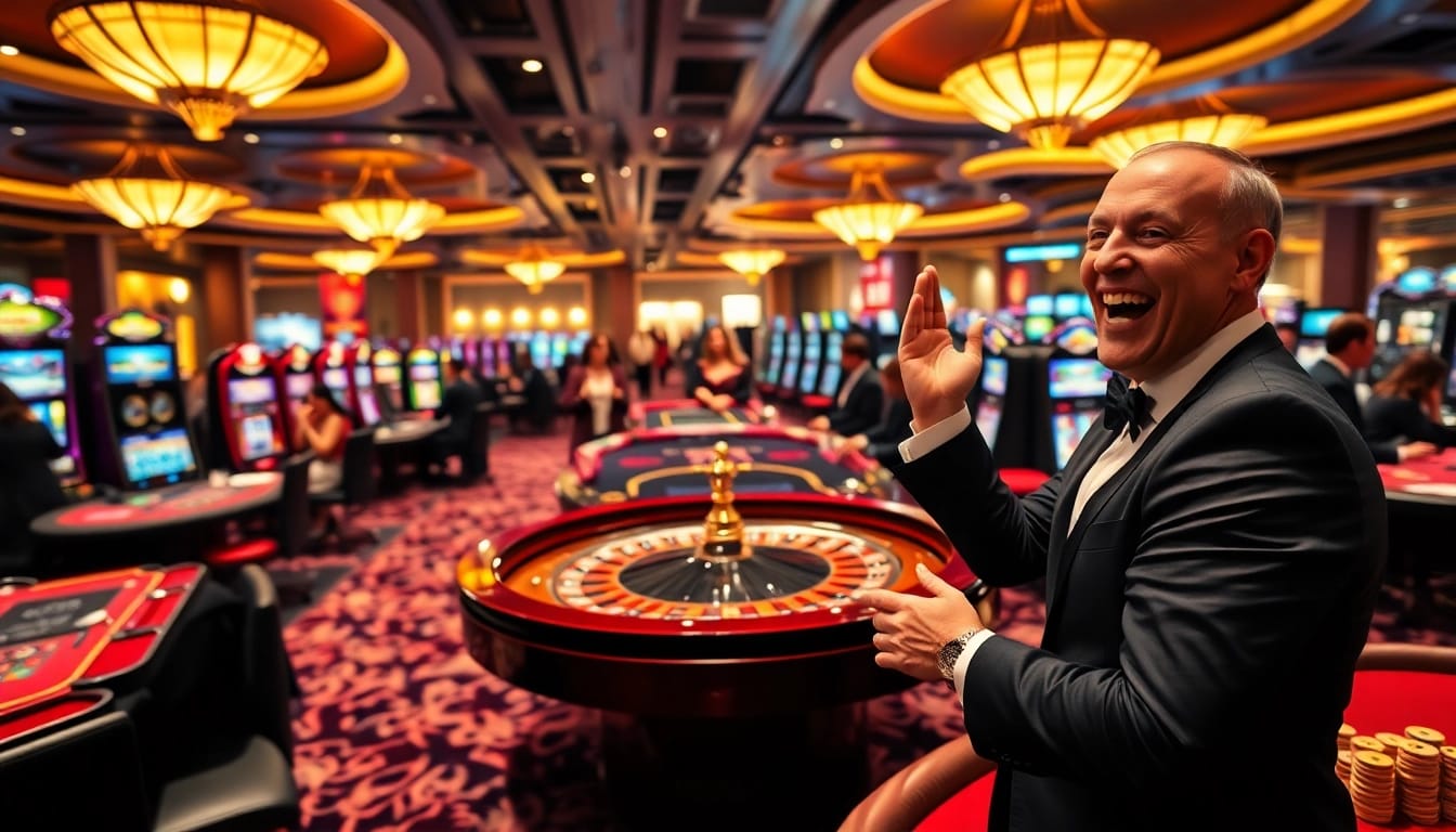 S8 theme casino scene with players celebrating a win at a roulette table