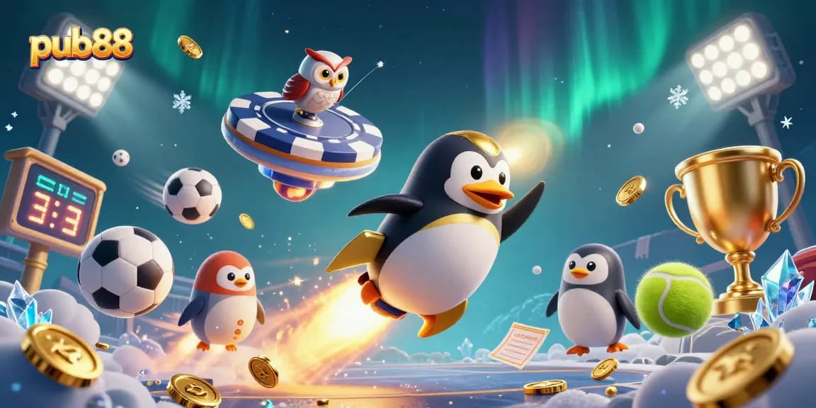 Experience pub88 with a dynamic scene of a golden penguin blasting through space towards a casino station.