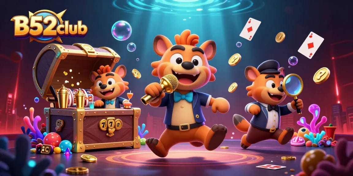 B52club offers a unique gaming experience with hyenas in a dynamic casino club scene, showcasing fun, excitement, and vibrant designs.