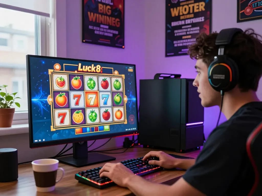 Mẹo chơi nổ hũ Luck8 in an engaging home gaming setup with vibrant slot visuals.