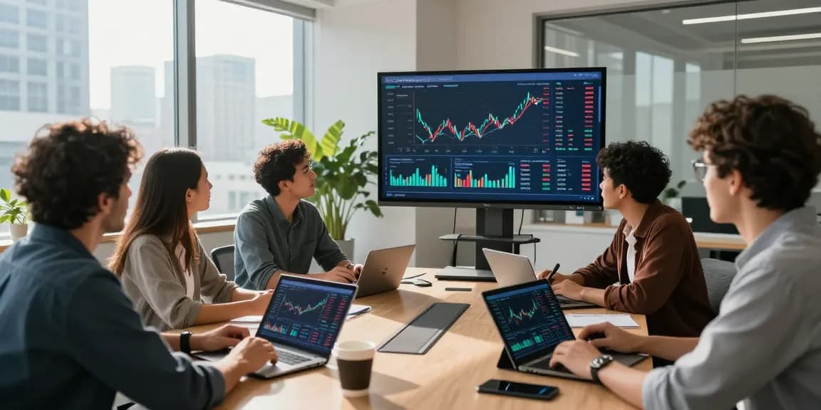Invest in BRICS coins: professionals collaborating in a modern financial office with cryptocurrency charts and data.