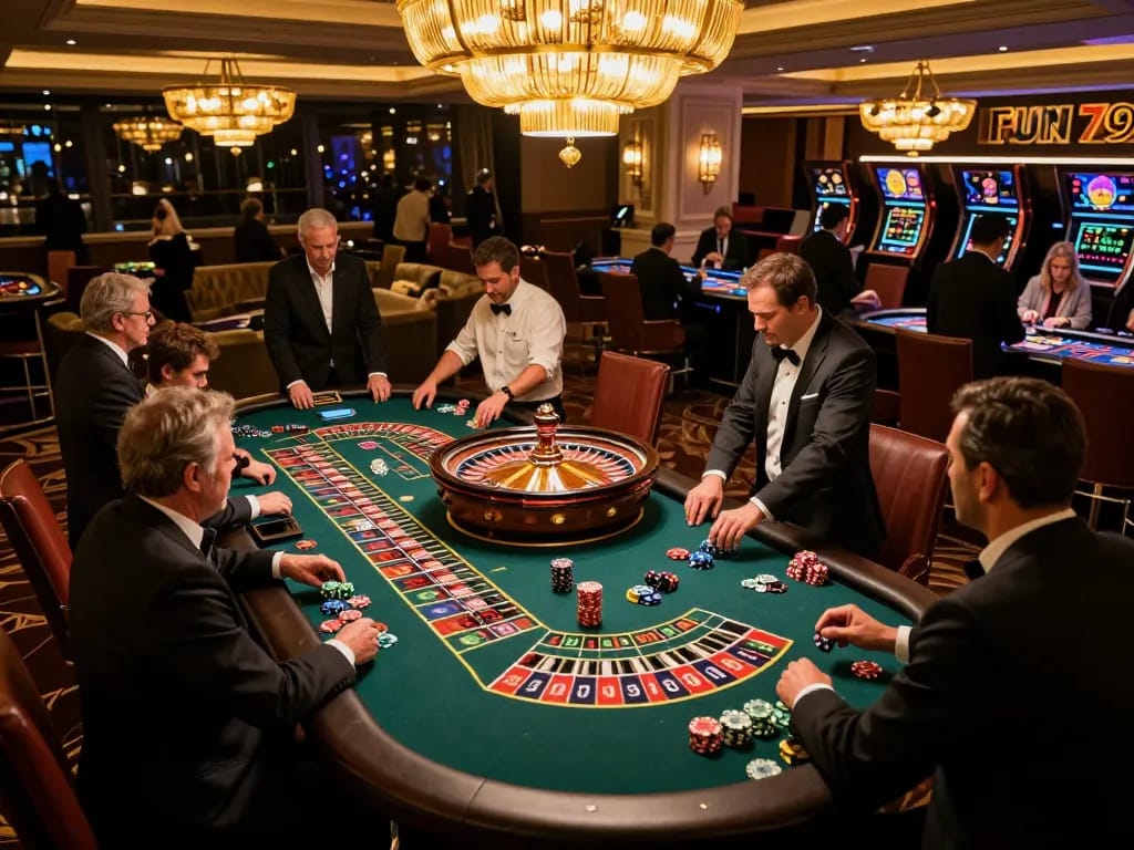 Fun79 roulette excitement with players engaged in dynamic gameplay at an upscale casino.