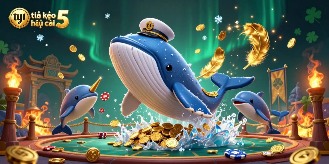 Bet on tỷ lệ kèo nhà cái 5 with a dynamic scene featuring a cartoon whale and playful dolphins.