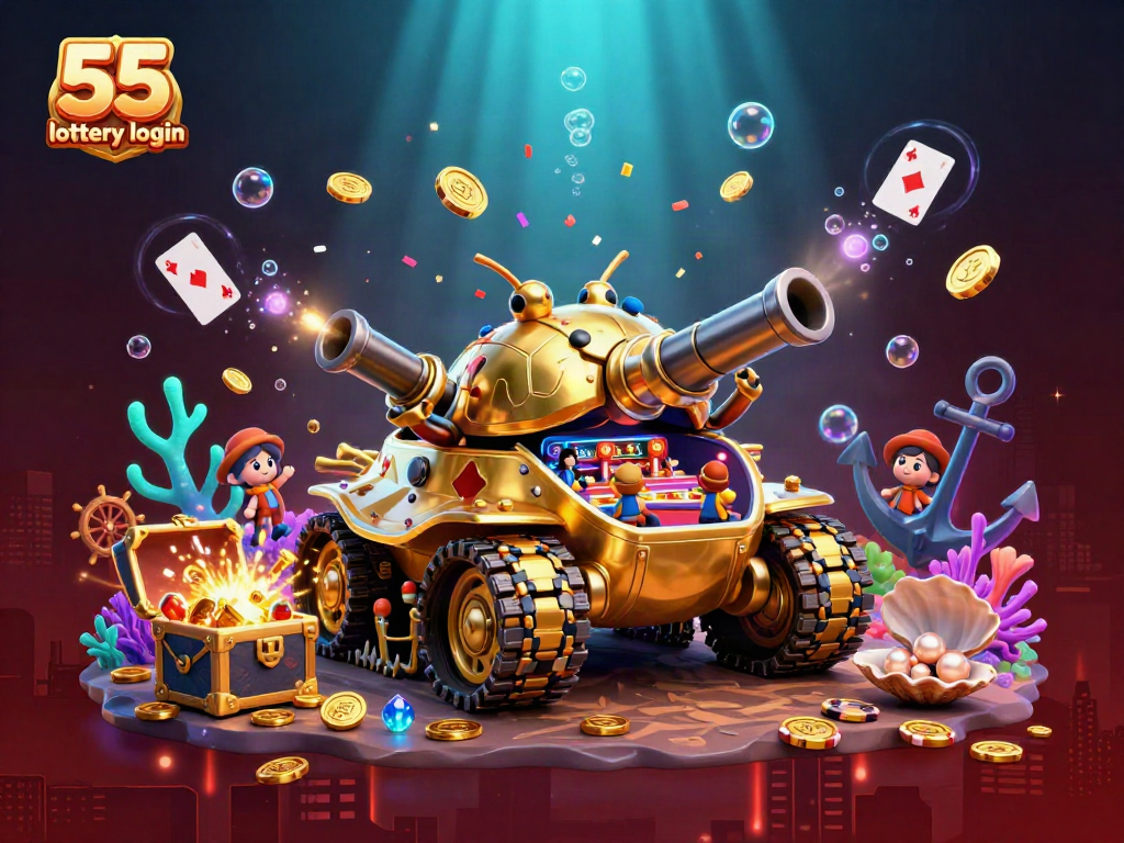 Experience the excitement of 55 lottery login with a vibrant casino-themed 3D illustration showcasing fun game elements and engaging colors.