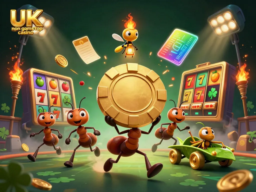 Experience the excitement of a UK non gamstop casino with a heist by cartoon ants and gold poker chips.