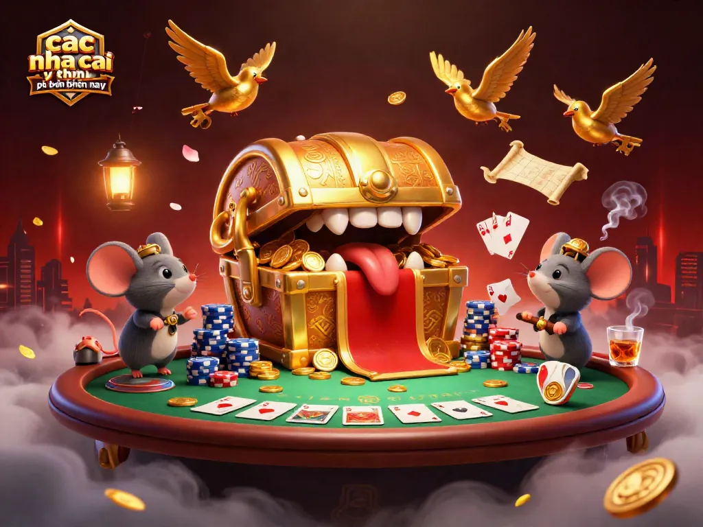 Engage with "cac nha cai uy tin phổ biến hiện nay" through a vibrant 3D casino scene filled with poker elements.