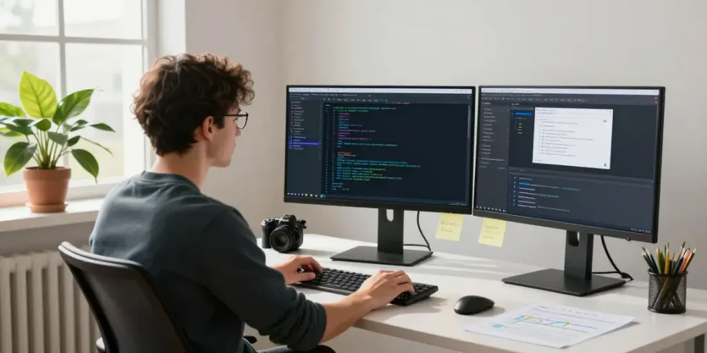 Web developer engaged in instant indexing project at a modern workspace with multiple screens.