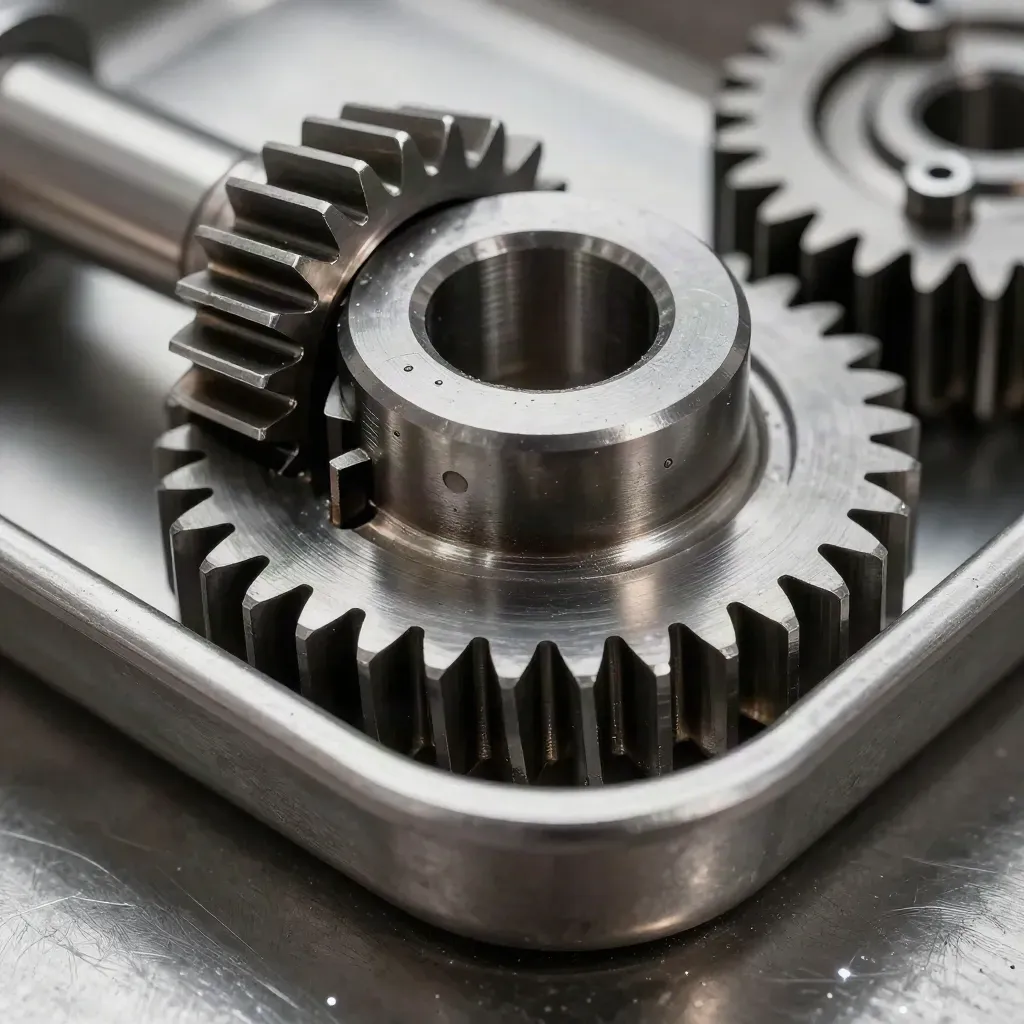 Macro tray of precision gears, standoffs, and a coupling in cold steel light.