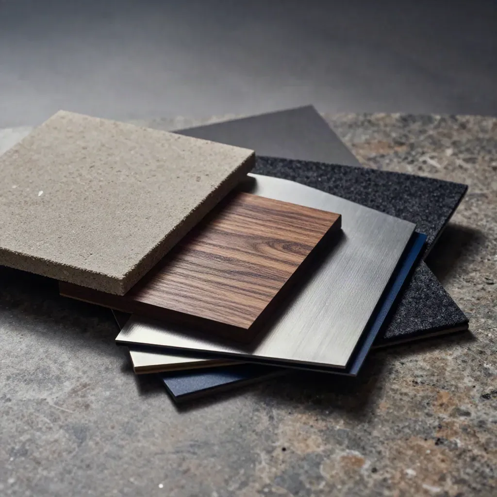 Architectural material swatches fanned on stone under raking light
