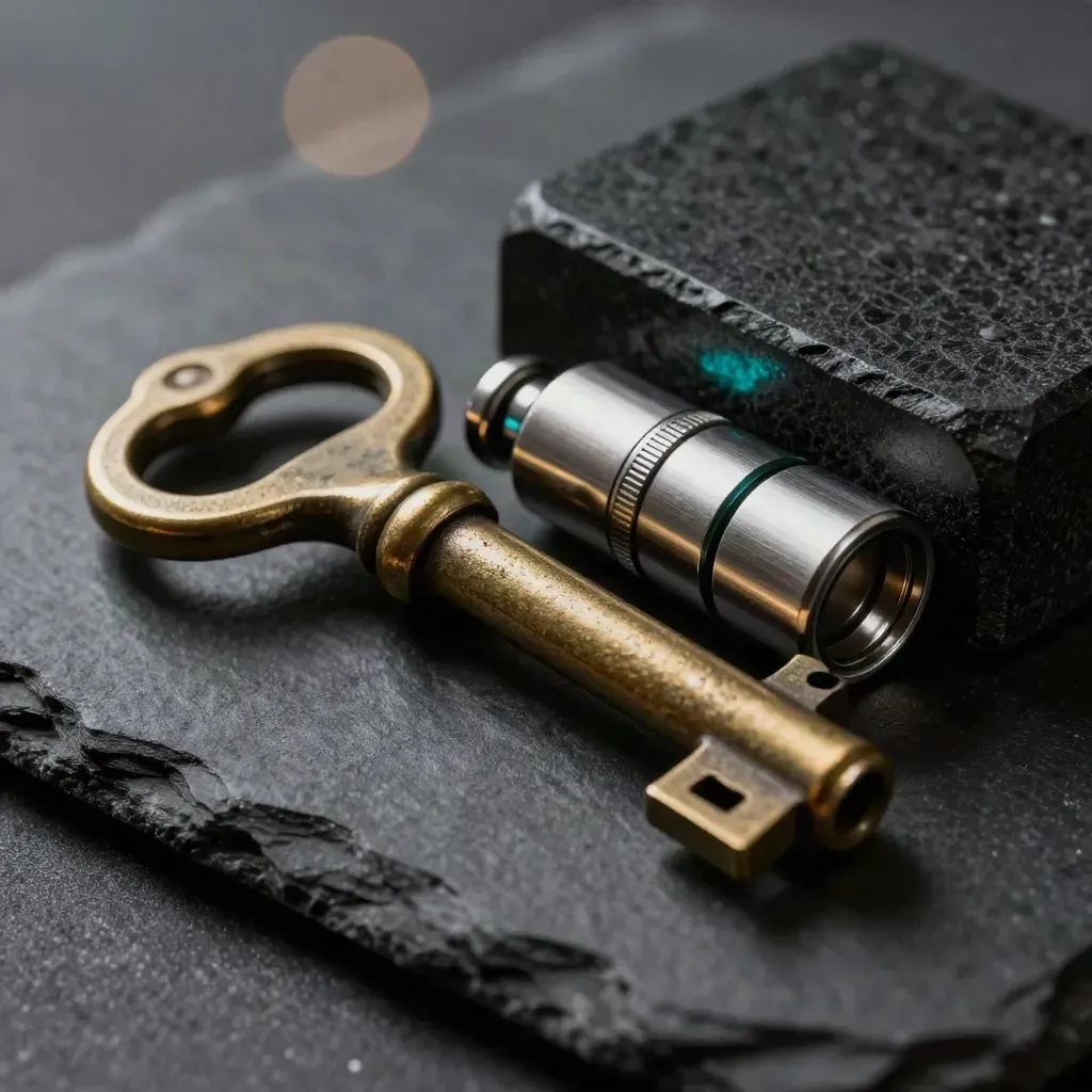 Brass vault key, steel lock cylinder, and stone paperweight on black slate