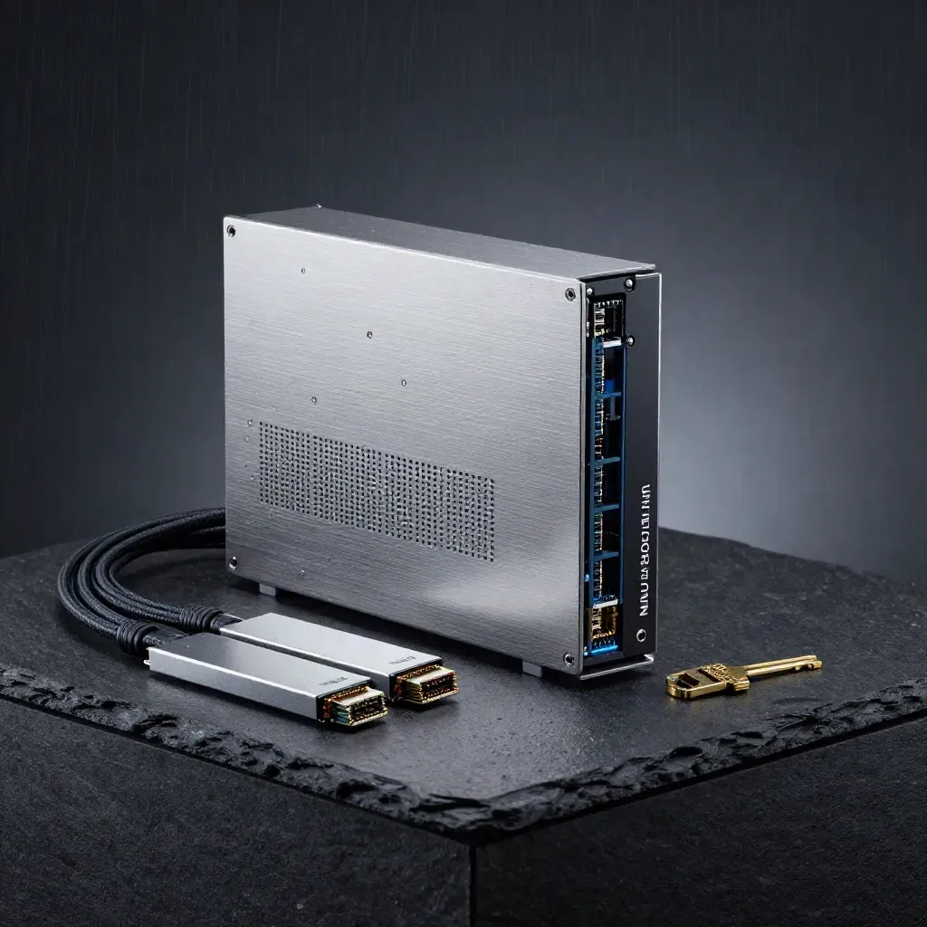 Server blade with cables, NVMe carriers, SFP modules, and brass key on slate.