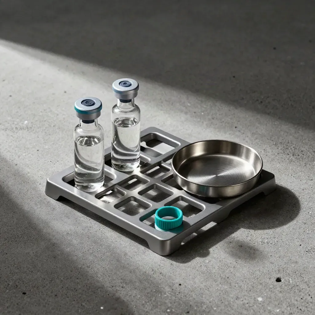 Overhead lab vial rack, two capped vials, and a steel sample dish on concrete.