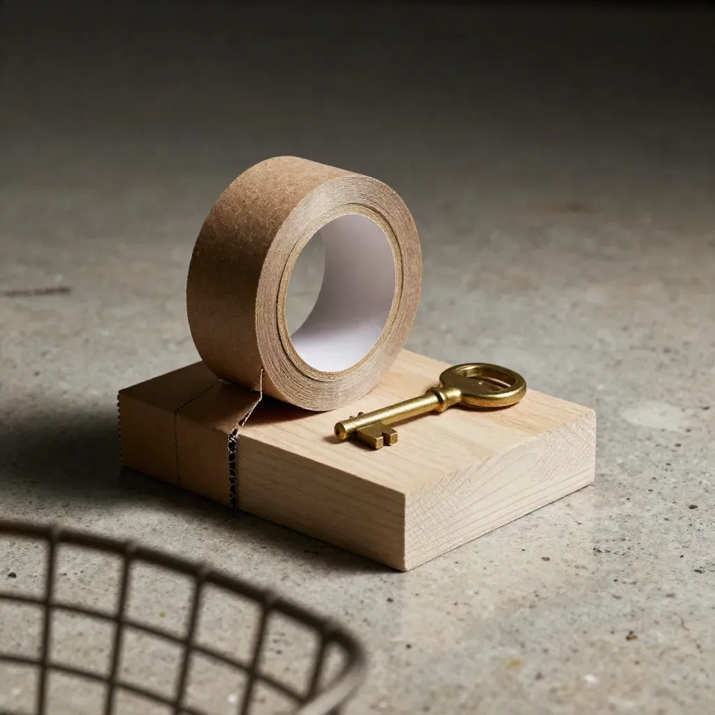 Kraft tape, cardboard corner, and brass key on pale wood under dramatic light.