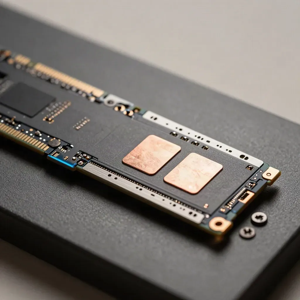 Extreme macro of an NVMe SSD blade with copper thermal pads and four screws on graphite.