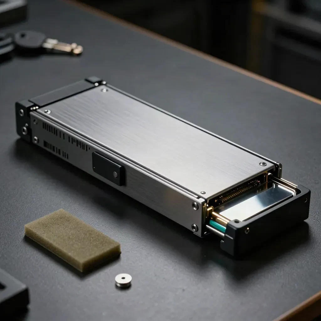 Hot-swap drive carrier half out of foam cradle with spare tray on dark surface