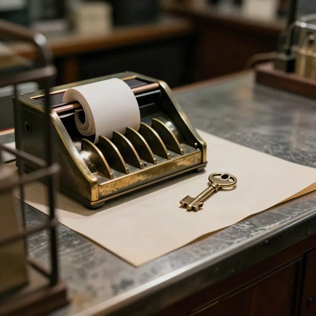 Brass till key, coin tray dividers and receipt roll behind a blurred wire basket.