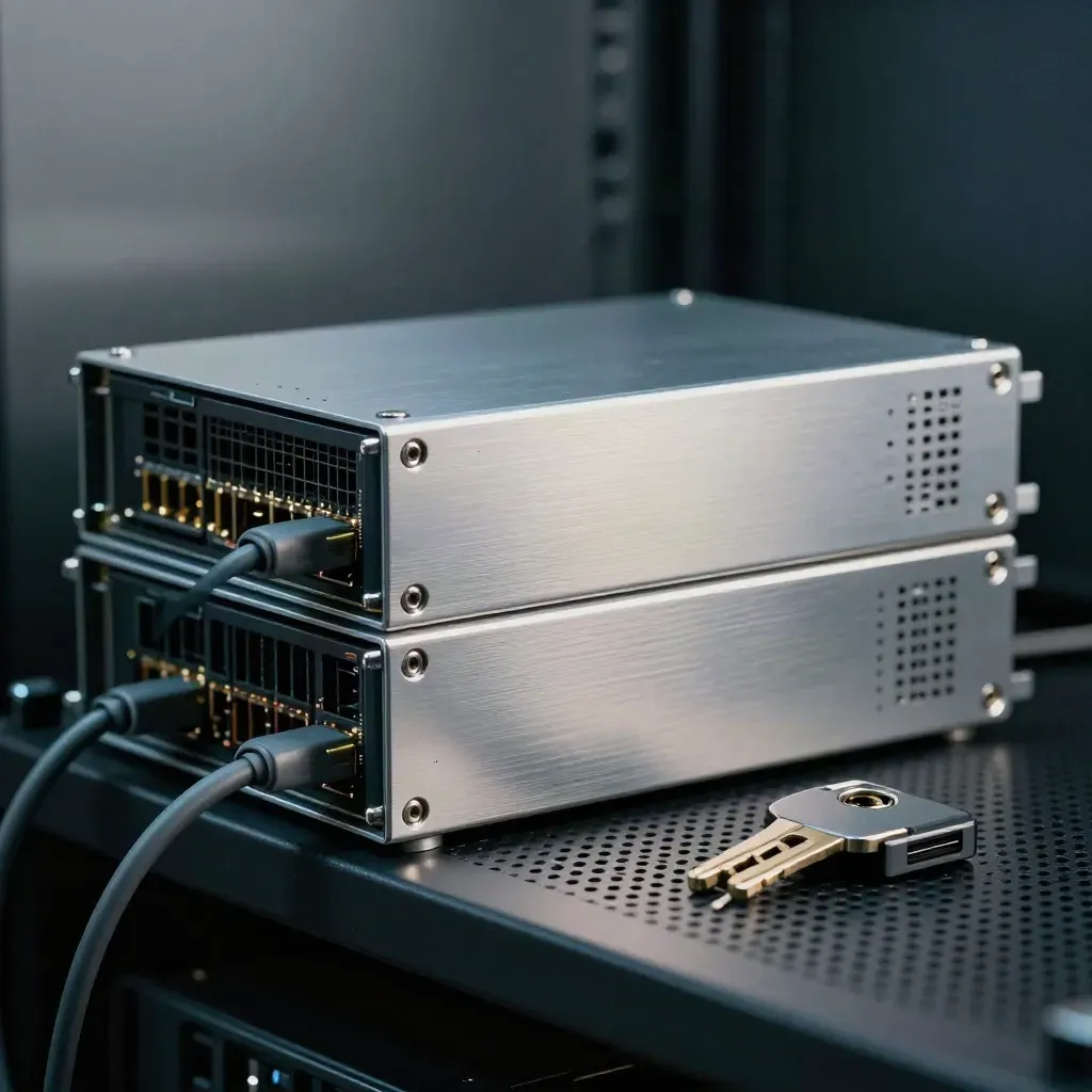 Nested server modules with a security dongle and cable loop on a rack shelf in cool haze