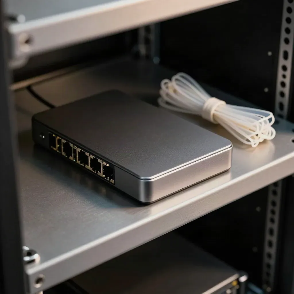 Top-down still life of a backup drive, network switch module, and cable ties on a rack shelf.