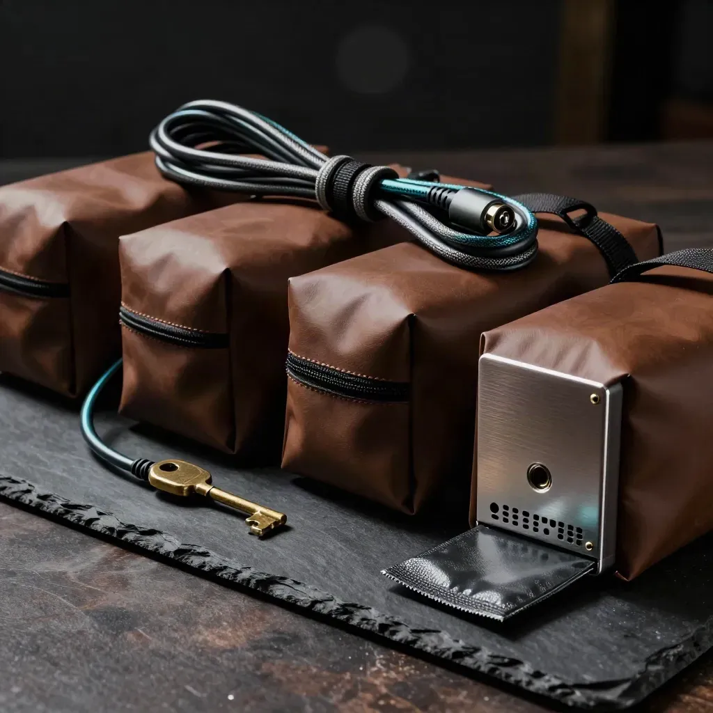 Anti-static drive bags, coiled patch cable and brass key on dark slate in dramatic low light.
