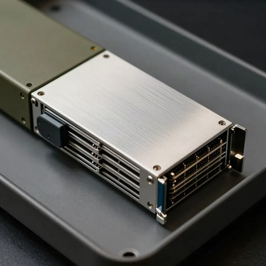 Macro still life of a VPS server blade, security dongle and aluminium spacers on dark metal.