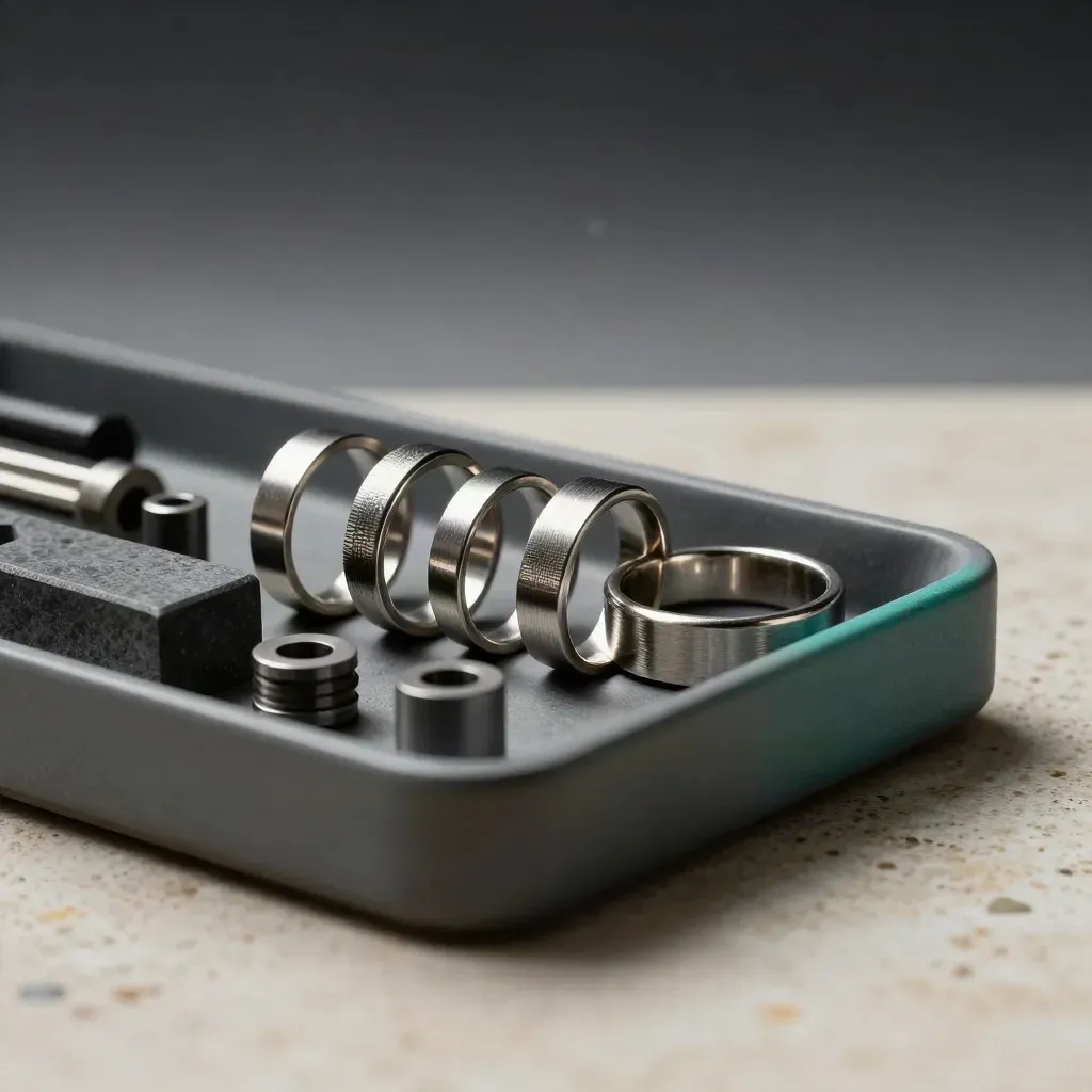 Brushed metal rings and graphite blocks in a dramatic tray still life with teal accents