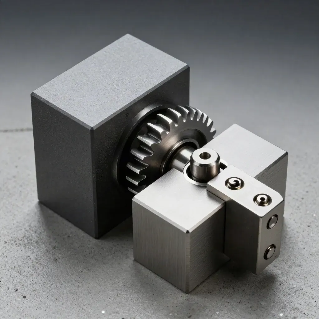 Macro of spacer blocks, a half-engaged gear, and a linkage plate on cool concrete.